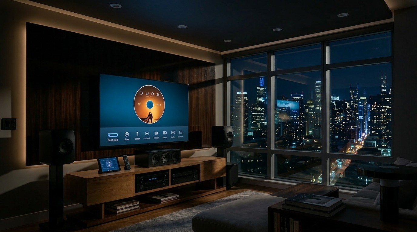 Living room theater at night with window shades open